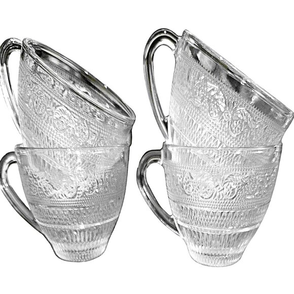 Set of 4 Cups, Four Vintage Embossed Glass Teacups, Coffee Cups, Tea Cup Set, - Picture 2 of 8